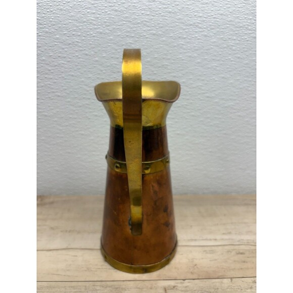 Vtg Copper And Brass Pitcher Brass Handle Aztec Calendar 1 Lit. 8.5in Tall - Picture 3 of 10